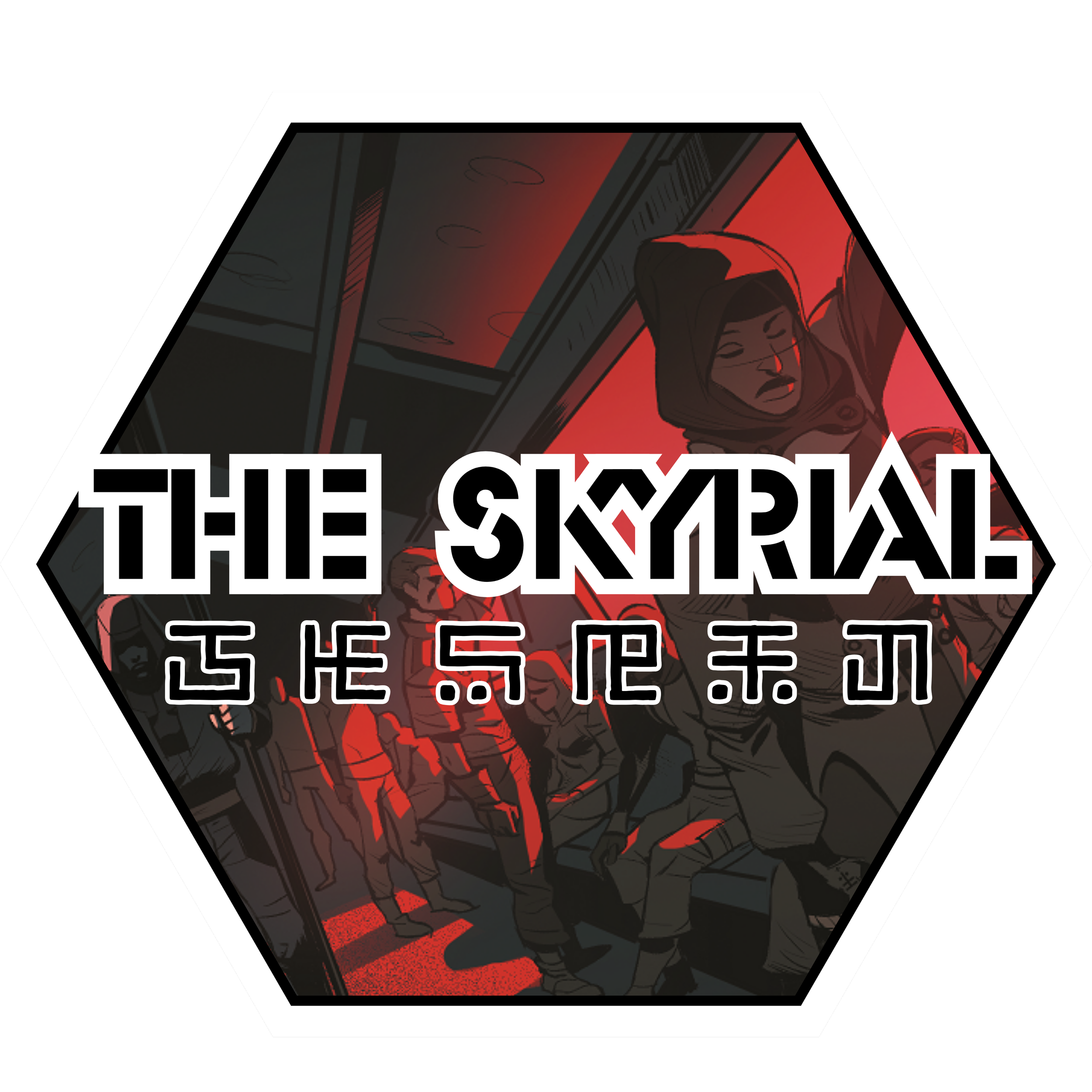 A scene from the Liberty podcast. Citizens of Atrius stand within a hexagonal shaped train cabin with a window on the side. Red light colors the scene dramatically.