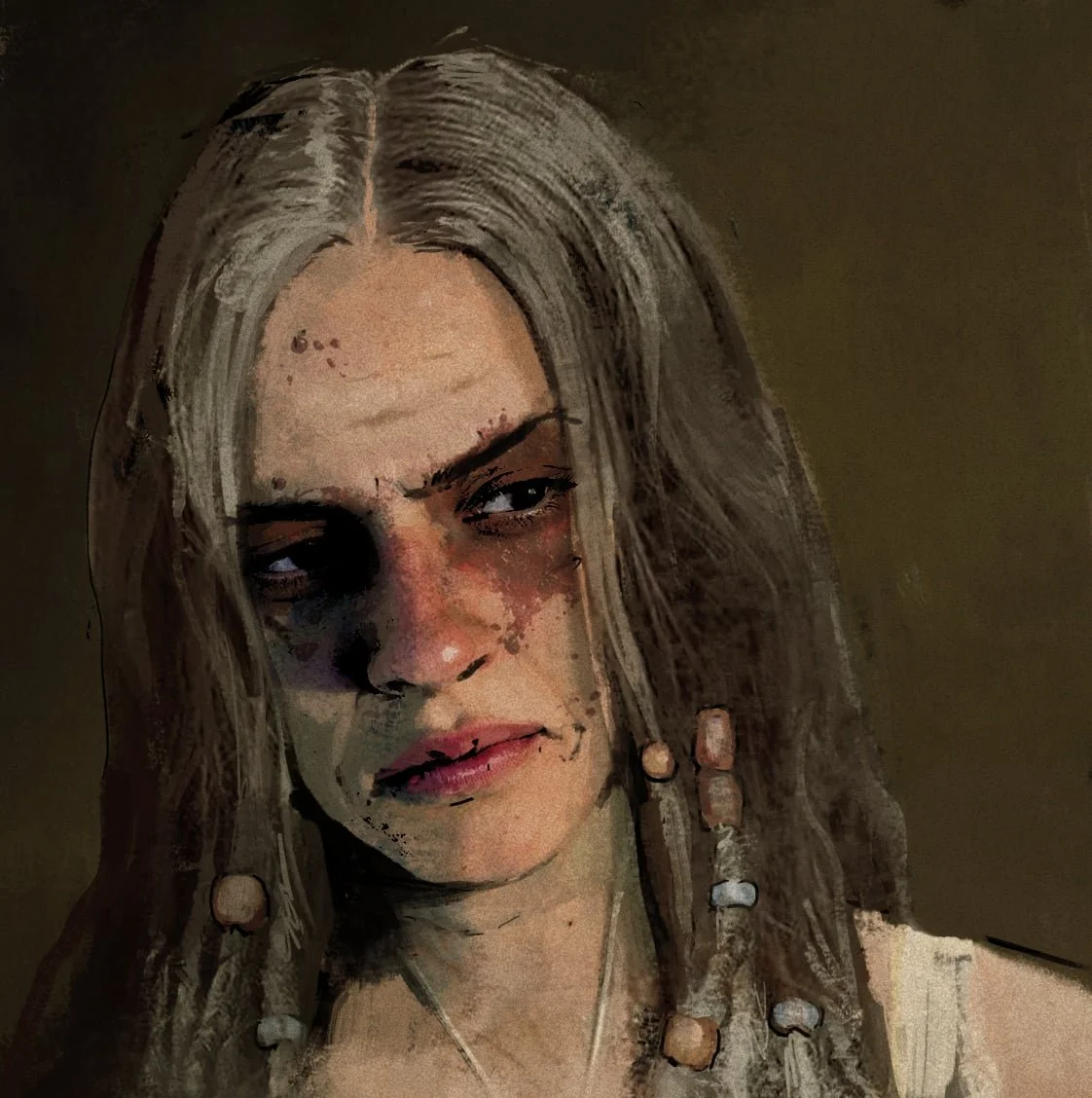 A character from Liberty: Critical Research, a science fiction podcast. A woman with white hair wearing red war paint (or blood) that's smeared over her eyes. She's scowling.