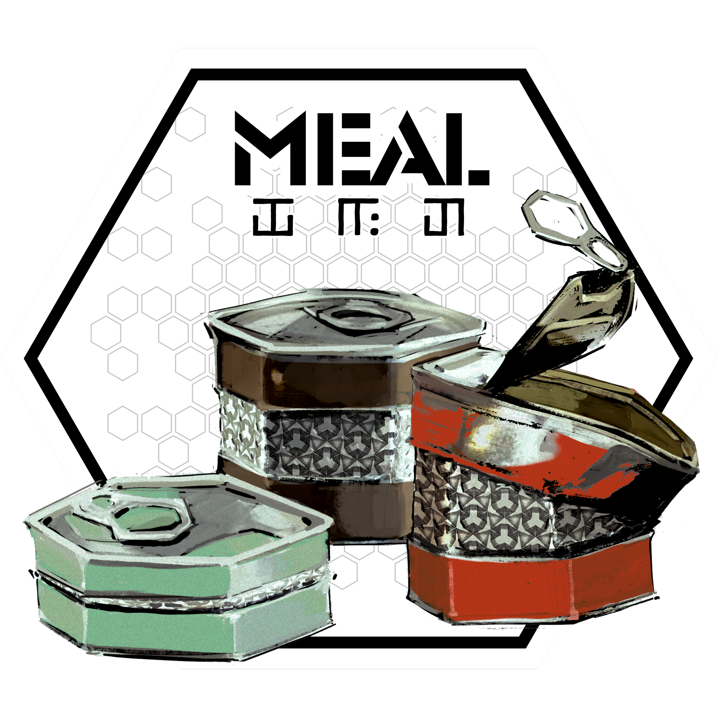 A scene from the Liberty podcast. Three hexagonal canisters - green, red, and brown. The red one is opened and has a hexagonal tab opener.