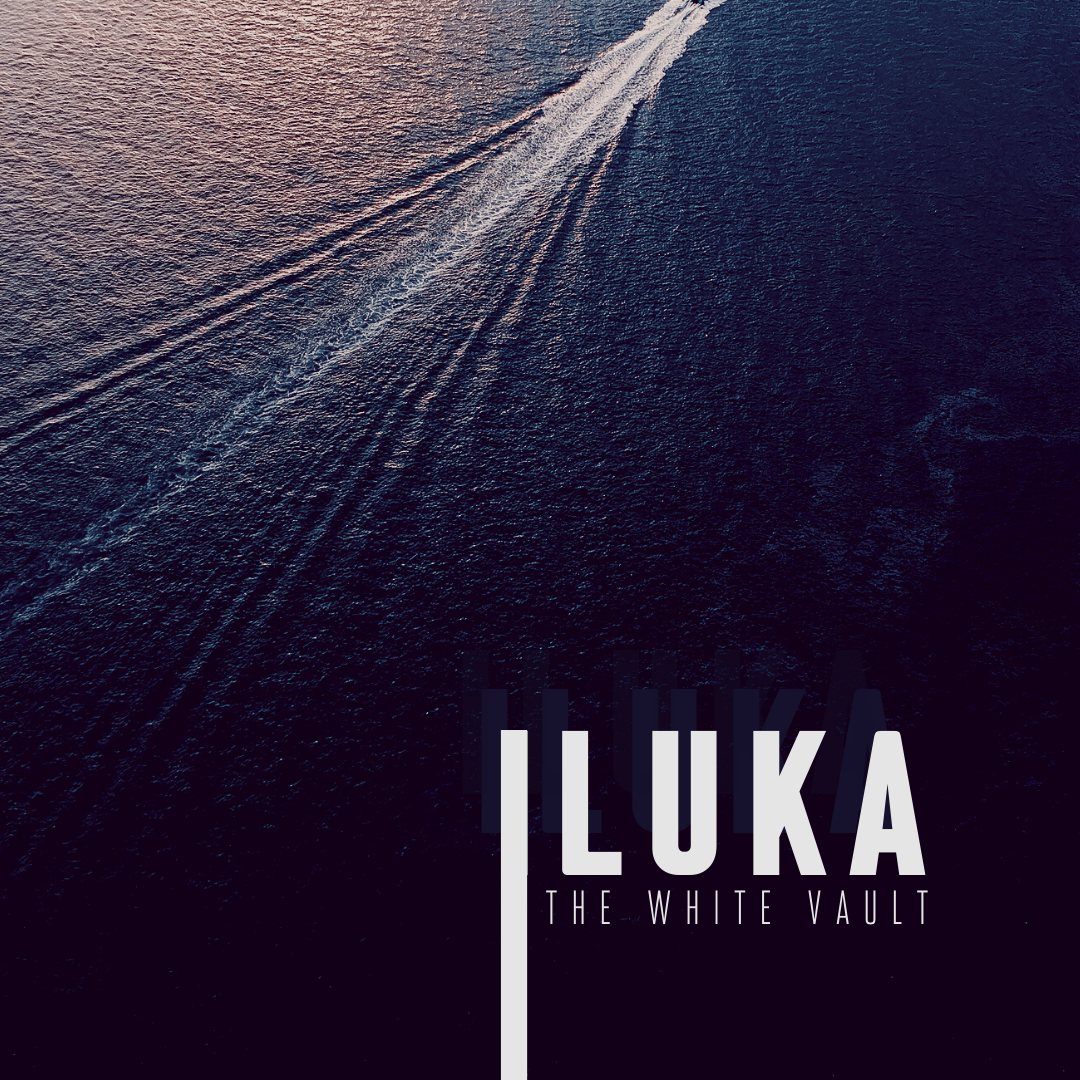 The White Vault Iluka Cover Art - A horror podcast cover where the wave from a boat goes off the image. The "I" in Iluka extends below the line, off the bottom of the page.