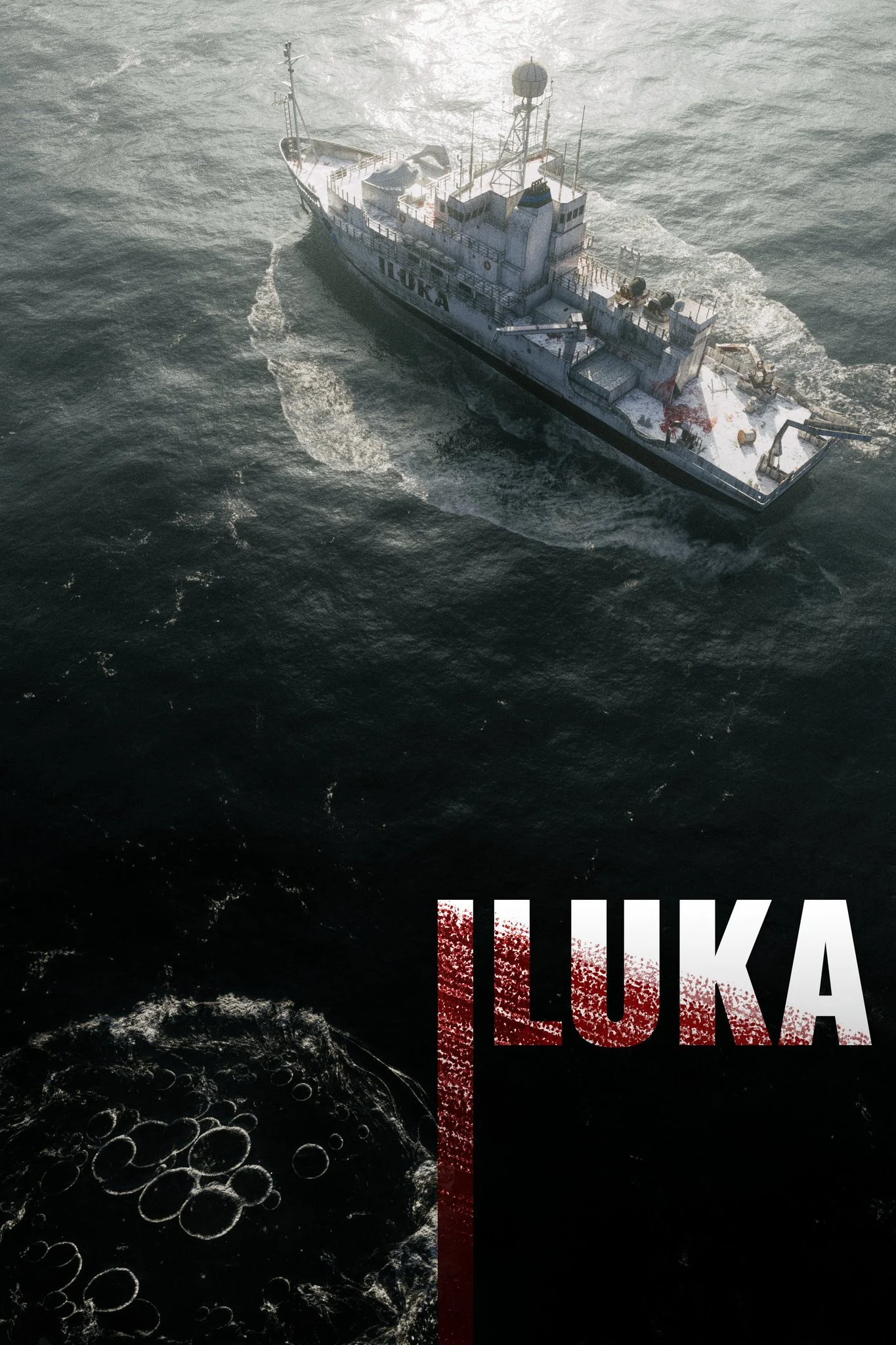 A poster for the White Vault Iluka - A horror podcast. A large research boat sits near boiling water in the ocean. The "I" in Iluka extends below the line, off the bottom of the page.
