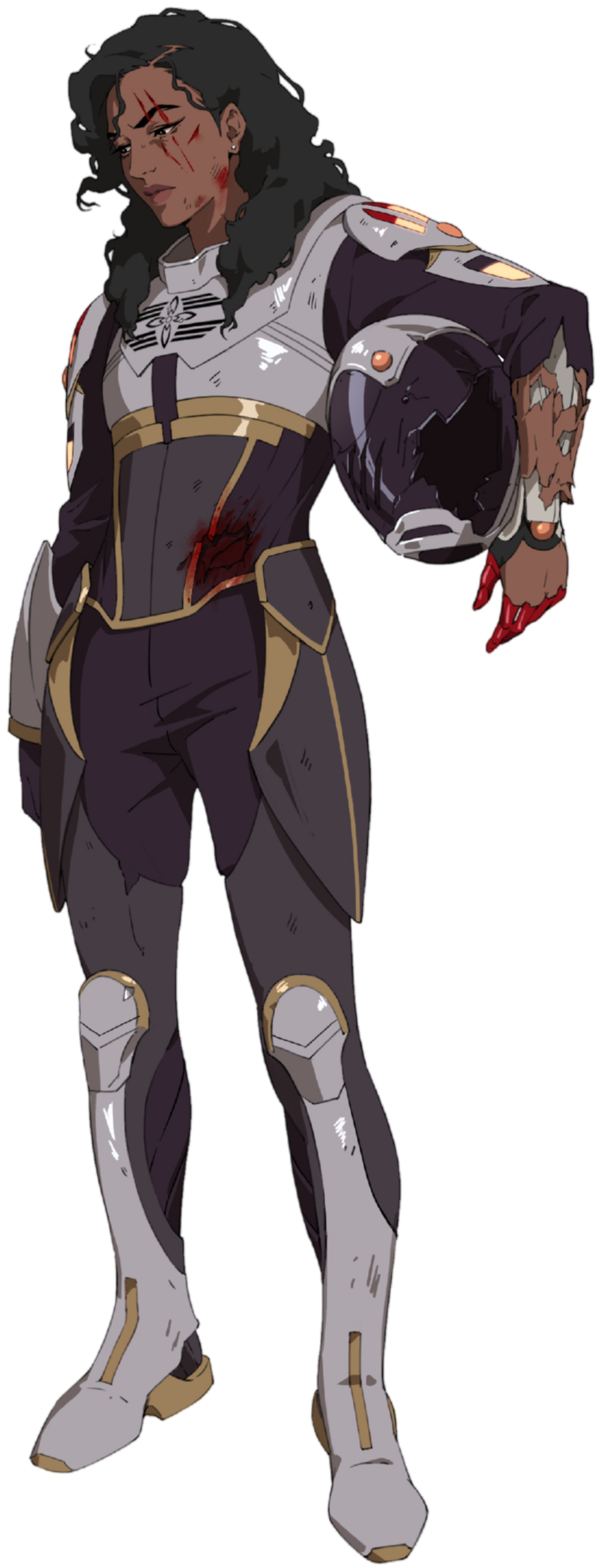 A character from the science fiction podcast VAST Horizon. A woman in a damaged space suit, with scratches and blood. She has long dark hair, and her visible arm's skin is torn, revealing it to be robotic. Her helmet has a shattered visor.