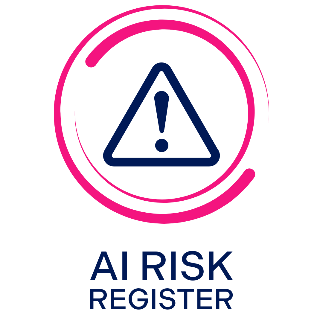 Neon sign with a pink circle surrounding a warning triangle containing an exclamation mark, and the words 'AI RISK REGISTER' underneath.