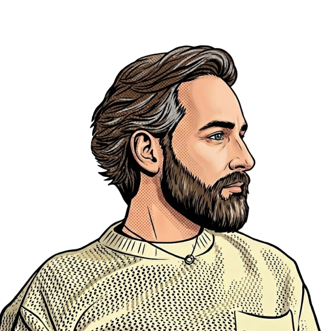 A digital illustration of John Archbold, a bearded man with styled hair, wearing a beige sweater, looking to the right.