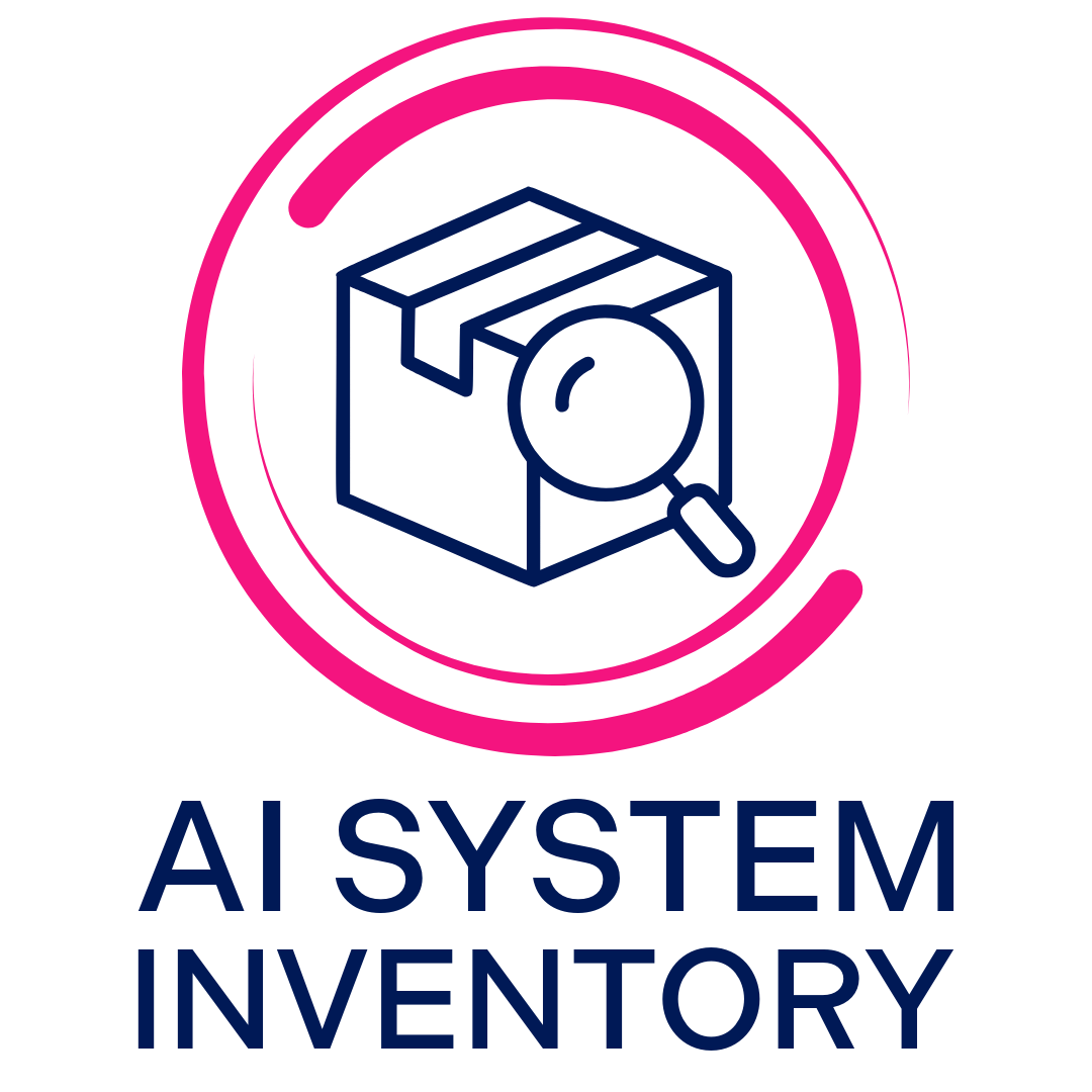 Logo featuring a blue outlined box with a magnifying glass over it, encircled by a pink ring, and the text "AI SYSTEM INVENTORY" below in blue.