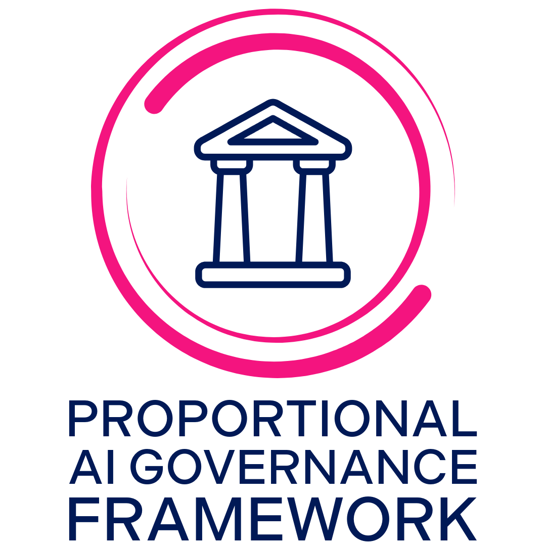 Neon sign with a stylized classical building, surrounded by a pink circular outline, and text reading "Proportional AI Governance Framework".