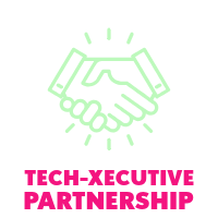 Illustration of a handshake with the text 'Tech-Executive Partnership' in pink.