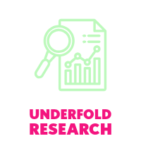 Magnifying glass over a document with a bar graph and line chart, with the text 'Underfold Research' in pink.