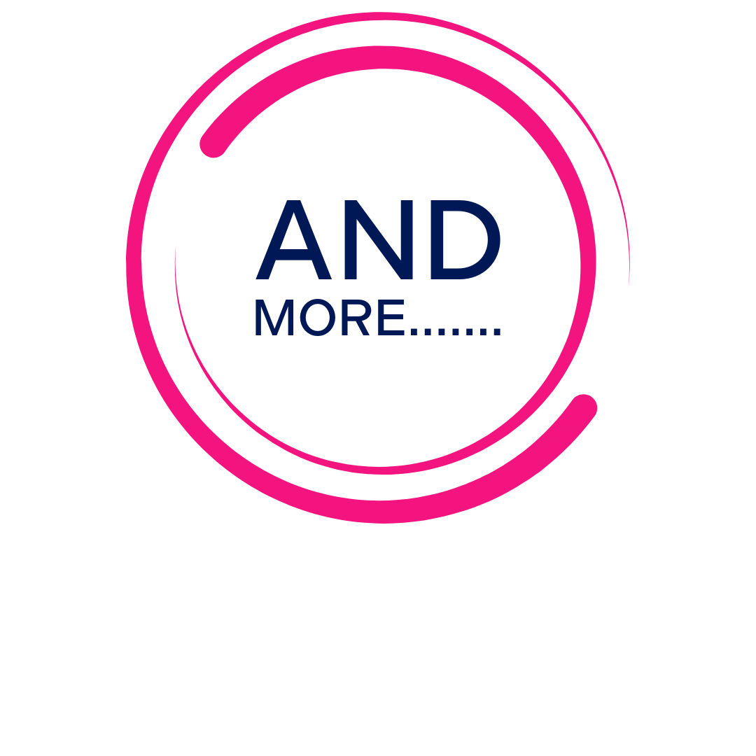 Pink circular design with the words 'AND MORE.........' inside in blue text.