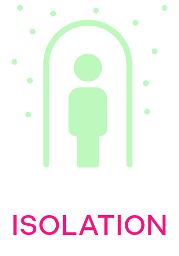 A simplified illustration of a person standing alone inside an archway, with small dots around them, and the word 'ISOLATION' in pink text below.