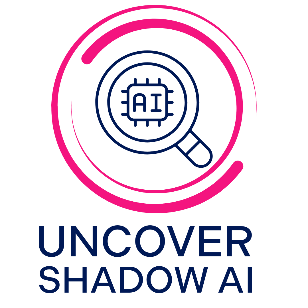 Logo of Uncover Shadow AI featuring a magnifying glass over a microchip with AI text, in pink and blue colors.