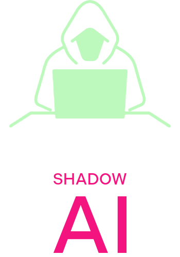 Outline of a person in a hoodie working on a laptop, with the text 'SHADOW AI' below in pink.