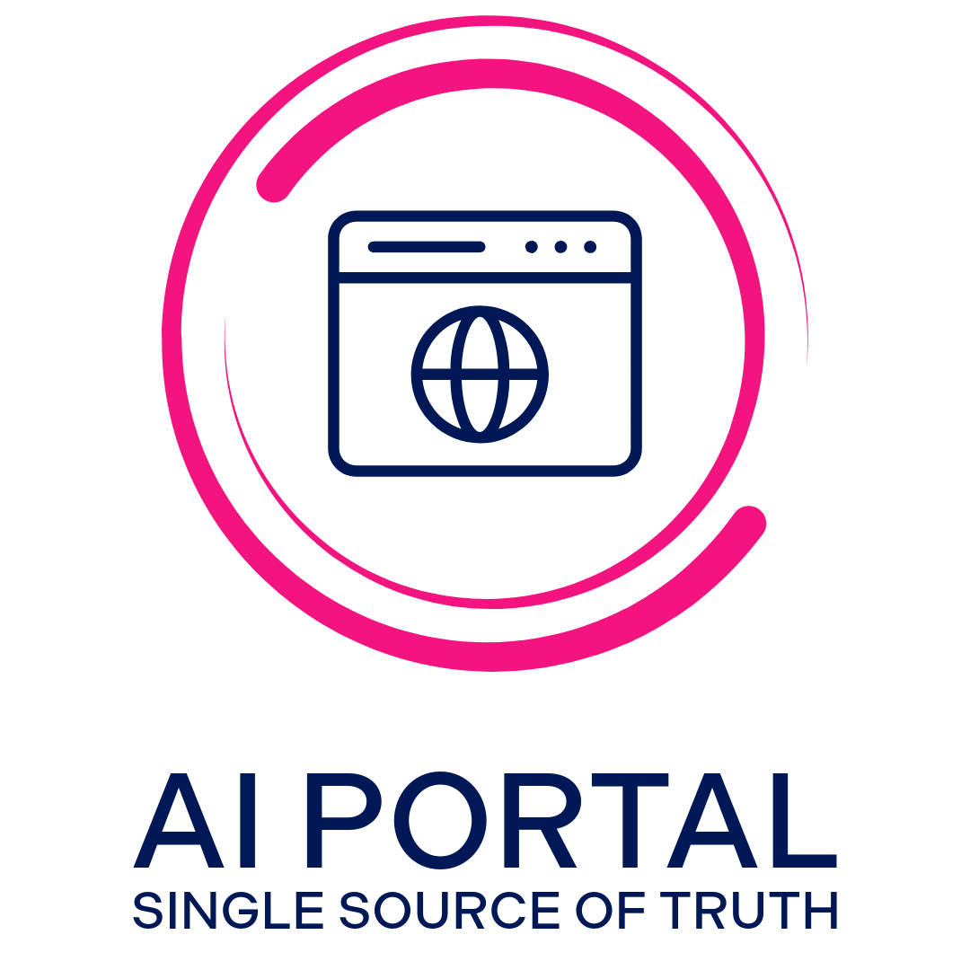 A digital logo featuring a computer window with a globe icon inside, encircled by a pink ring. Beneath the logo, the text reads 'AI PORTAL' and 'SINGLE SOURCE OF TRUTH' in dark blue.