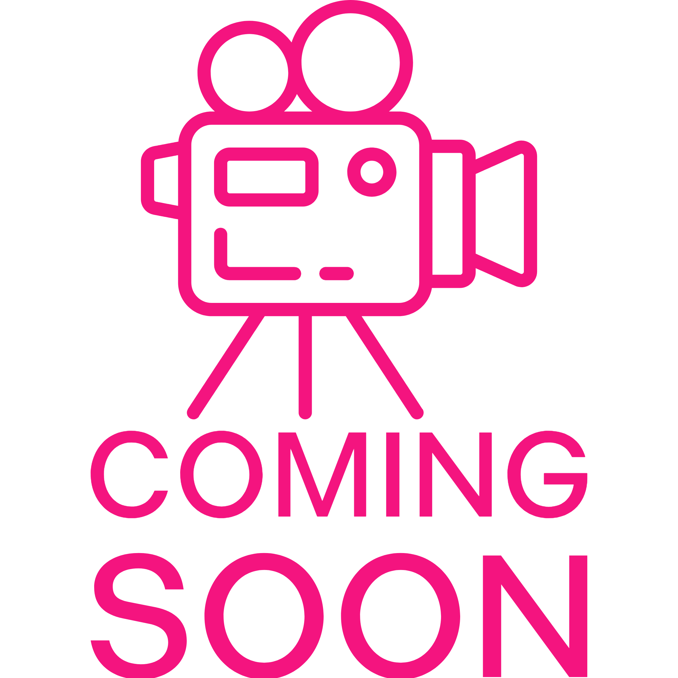 Pink neon outline of a vintage film camera with the words "Coming Soon" in pink below on a black background.