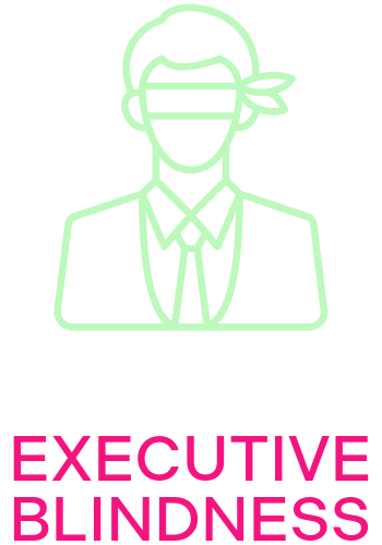 Neon outline of a person in a suit wearing a bandana over their eyes, with the text 'EXECUTIVE BLINDNESS' in pink below.