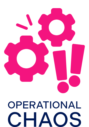 Pink gears and exclamation marks with the text 'Operational Chaos' underneath.