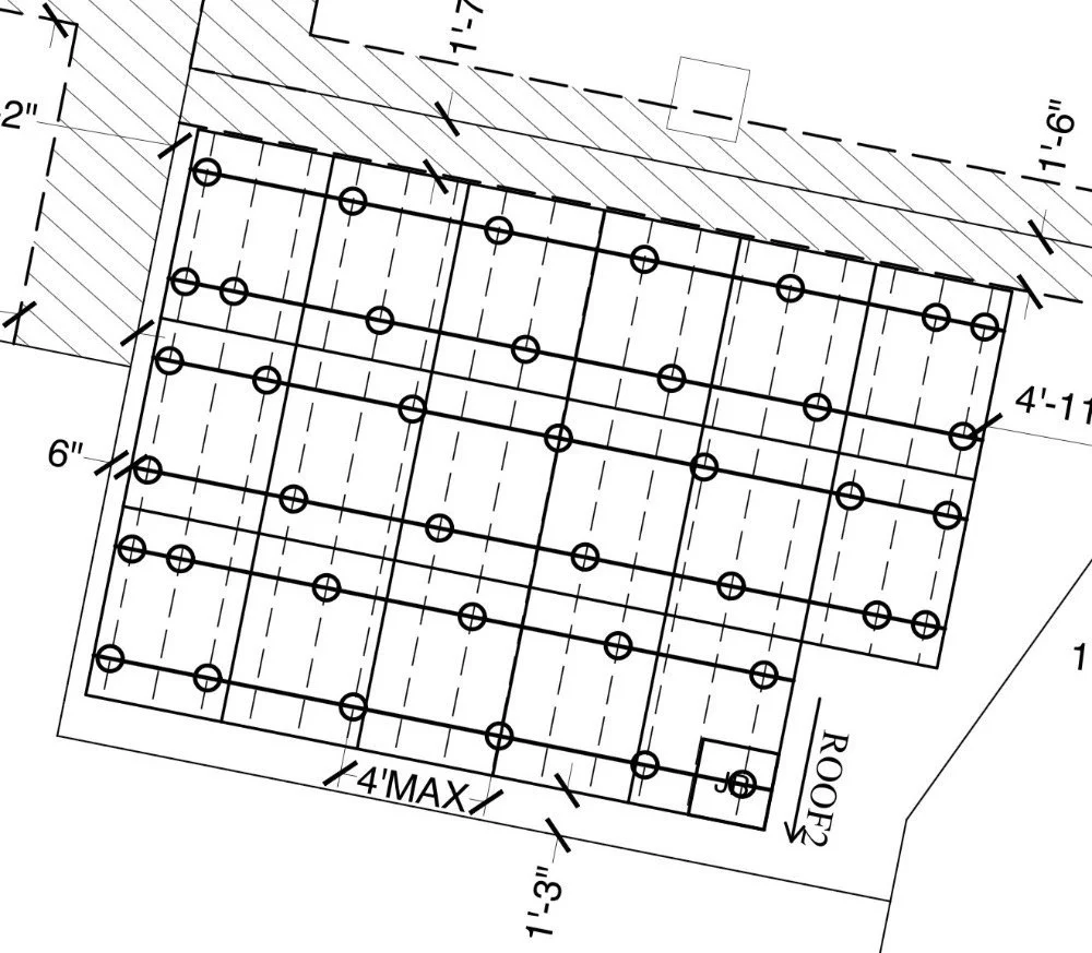 Correct solar mount spacing diagram with staggered pattern and 4-foot maximum spans