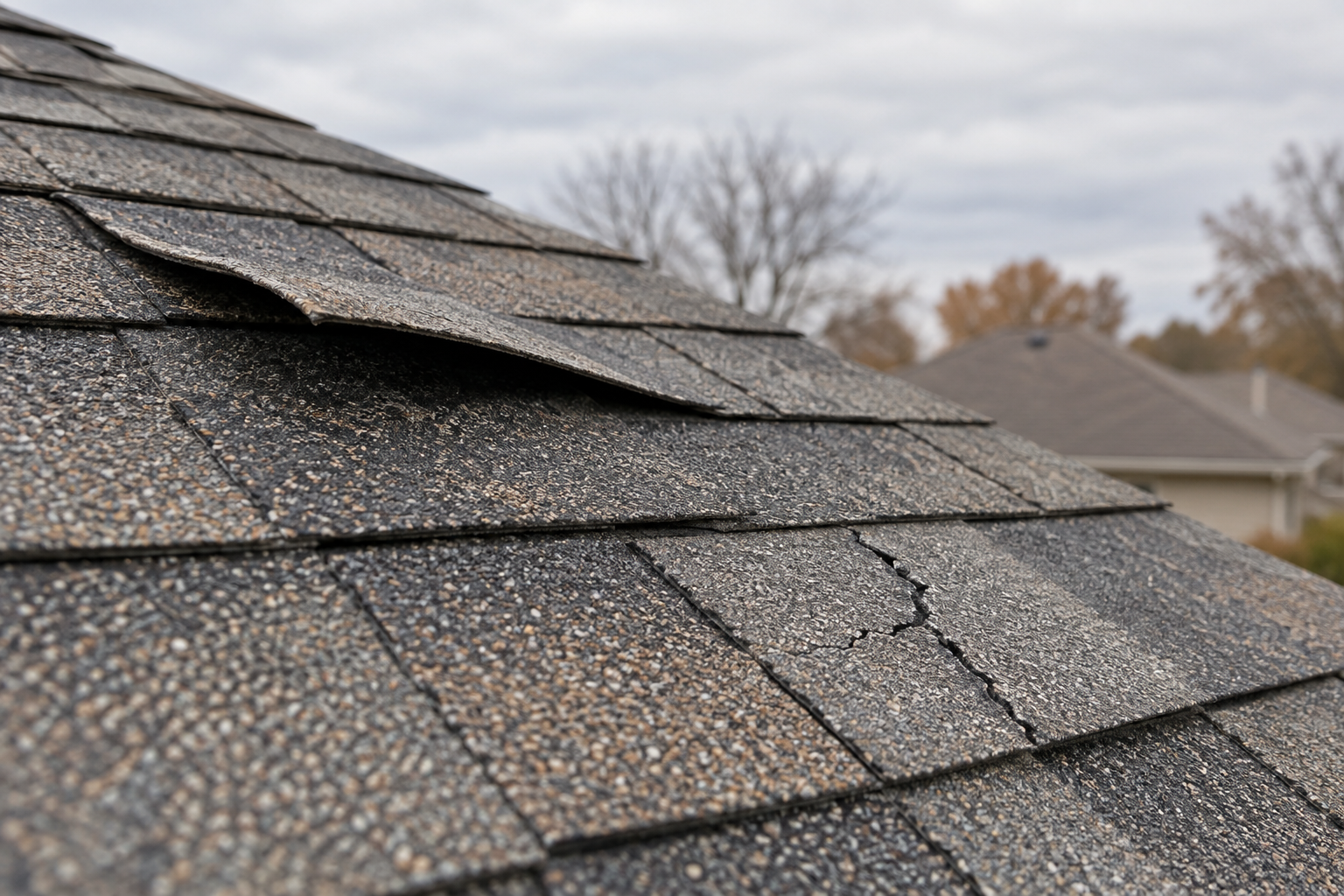 Lifted and cracked asphalt shingles on a Tulsa roof