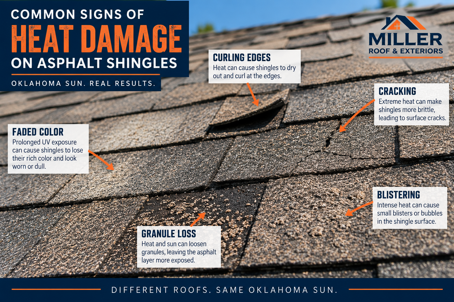 Infographic showing common signs of heat damage on asphalt shingles, including curling, cracking, fading, granule loss, and blistering.