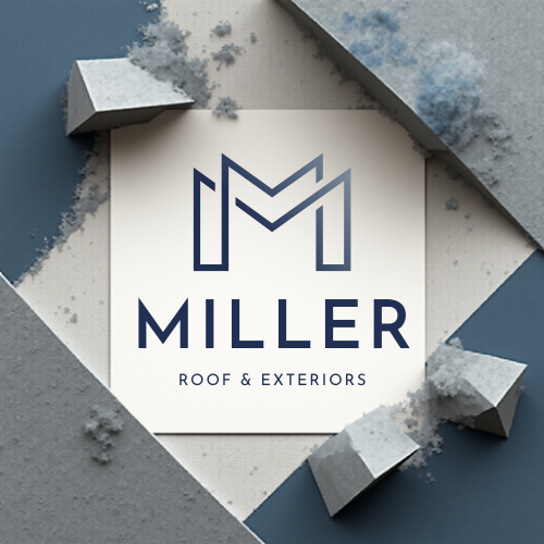 Logo for Miller Roof & Exteriors with a modern stylized 'M' and company name on a geometric background with torn paper edges.