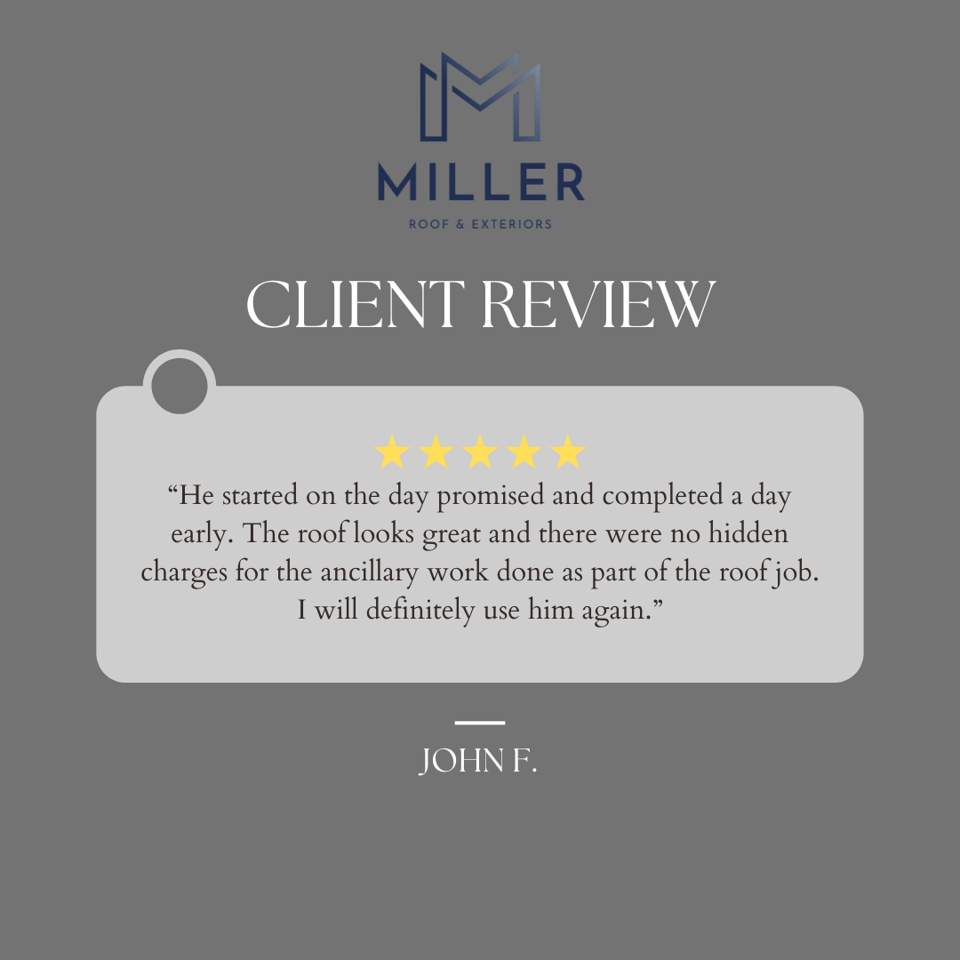 Client review for Miller Roof & Exteriors, five-star rating, praising timely work and great roof appearance.