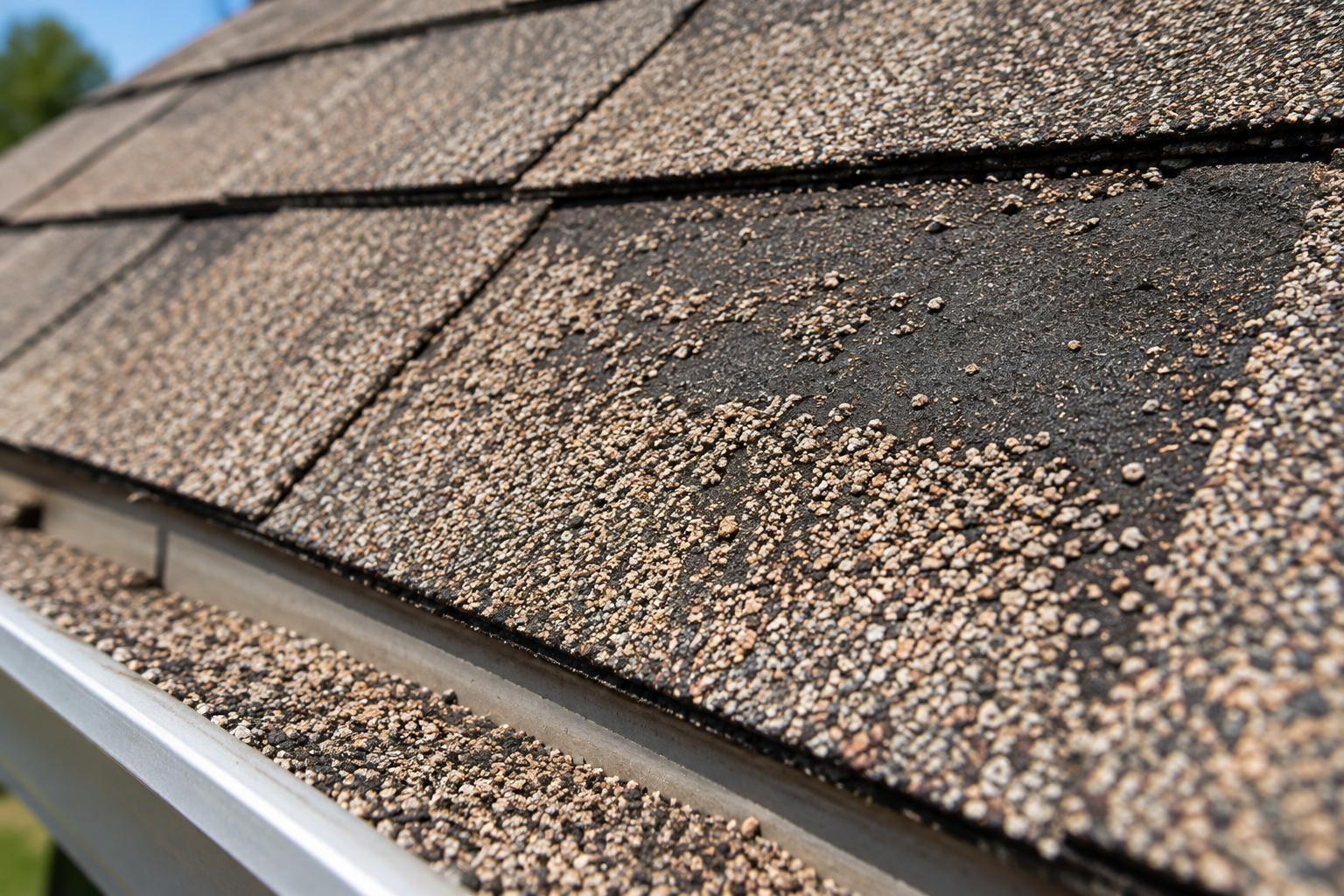Close-up of asphalt roof shingles showing significant granule loss and exposed asphalt near a gutter.
