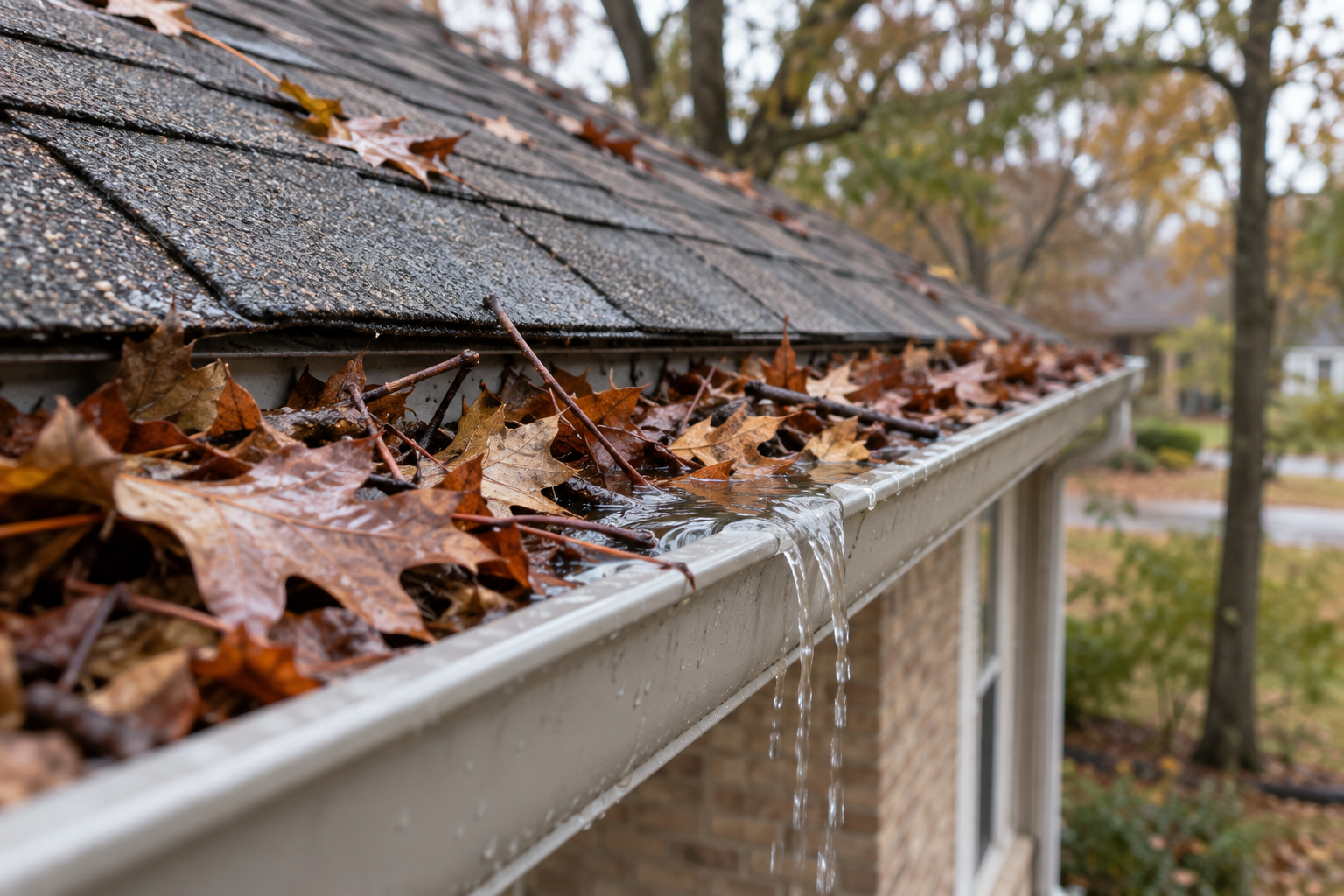 Clogged rain gutter overflowing with water and fall leaves