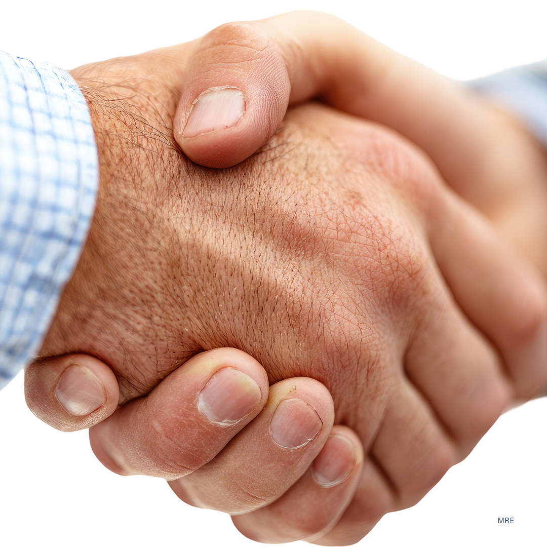 Close-up of a handshake between two people, showing detailed skin texture and fingers.