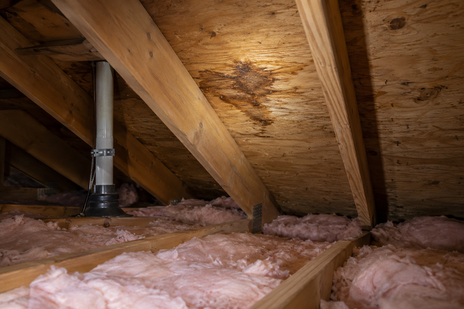 Water stain on attic roof decking caused by a roof leak