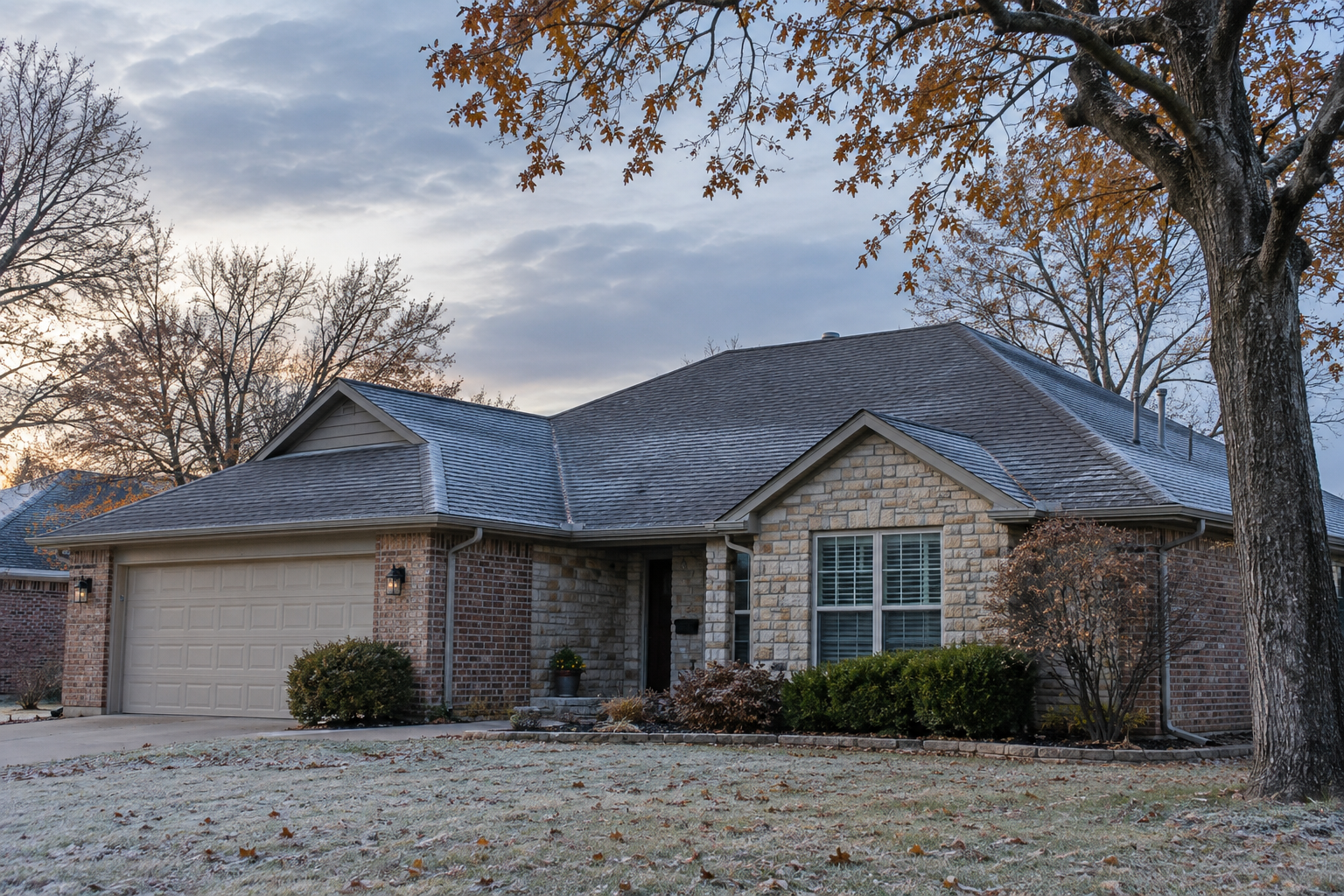Tulsa home with a frost-covered roof before Oklahoma winter