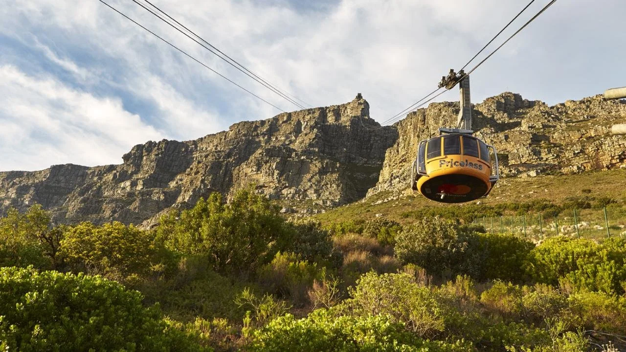A cable car labeled 'Priceless' descending over green vegetation with rocky cliffs and a partly cloudy sky in the background.