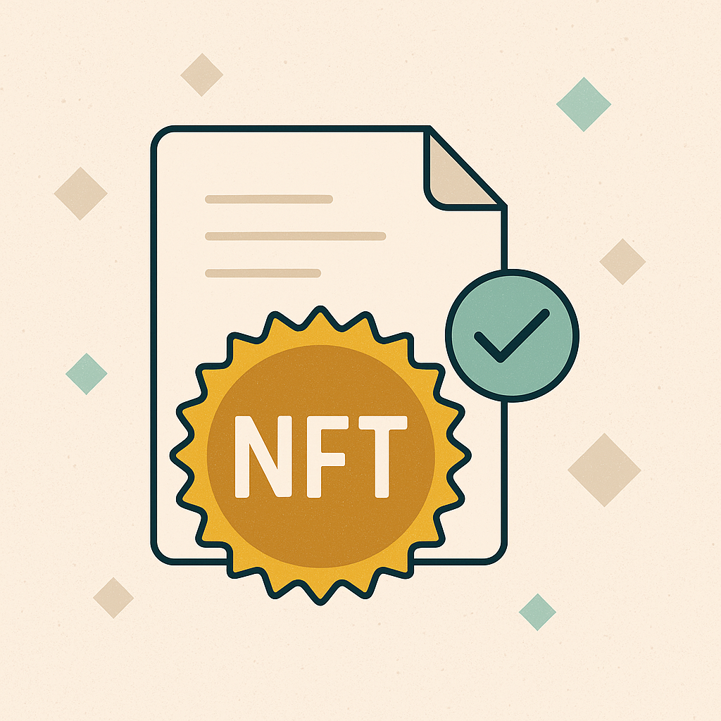 Documento con simbolo NFT e una spunta che indica approvazione.