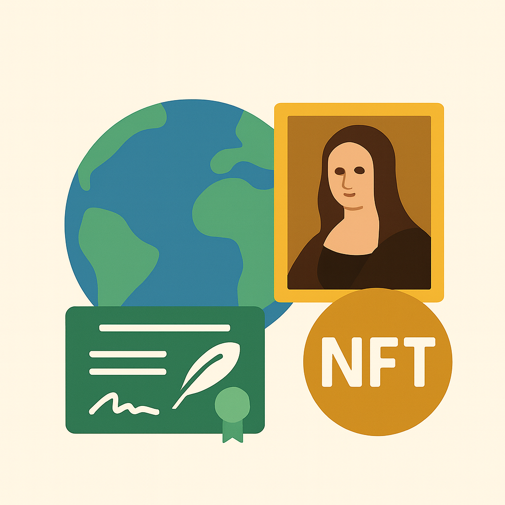 Illustrazione di un globo terrestre, un ritratto stilizzato della Mona Lisa, un certificato con una penna, e un'icona NFT, simbolo di condivisione digitale e arte.