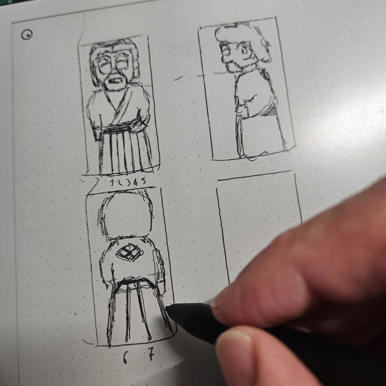 Schizzi di personaggi caricaturali in diverse pose e prospettive, con numeri sotto ogni disegno.