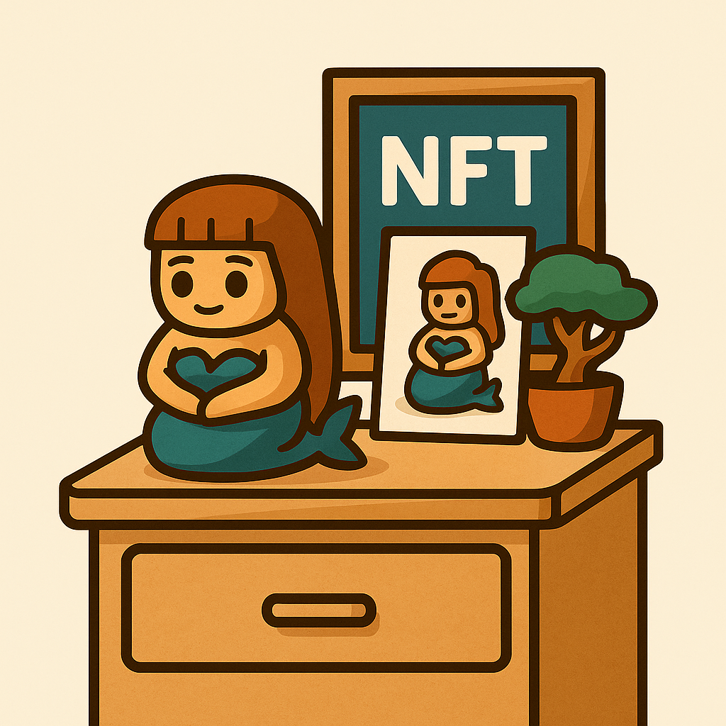Disegno di una ragazza con coda di pesce seduta su un tavolo, con uno sfondo che mostra una scatola con la scritta 'NFT', un quadro con l'immagine della stessa ragazza e una pianta in vaso.