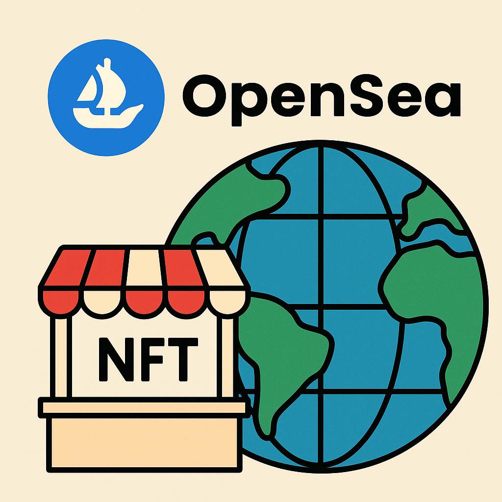 Logo di Opensea con un'icona di una nave e il pianeta Terra, e un negozio che vende NFT.