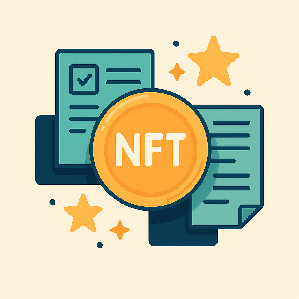 Icona che rappresenta NFT con schermate e stelle decorative.