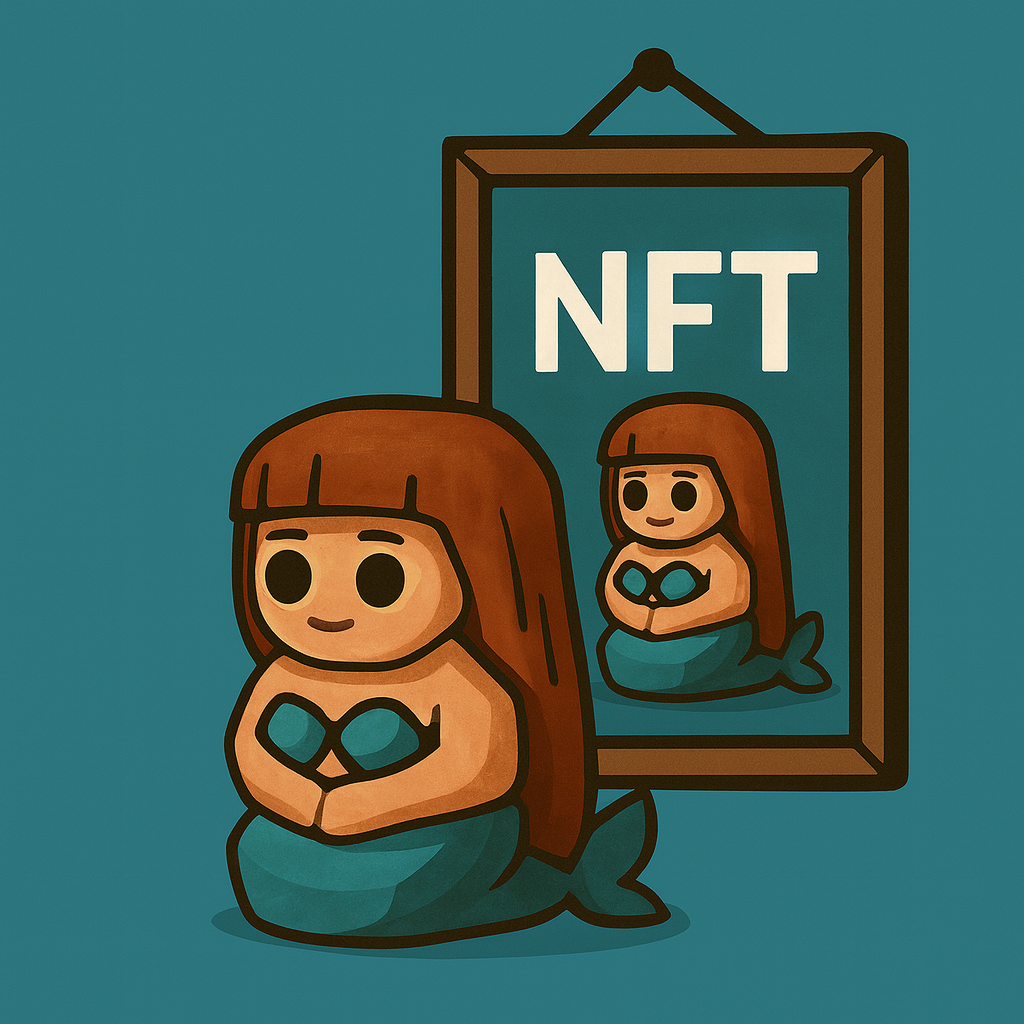 Una sirena cartoon con capelli marroni, coda di pesce blu, che sorride e si copre il seno con le mani, di fronte a uno specchio con scritto 'NFT'.