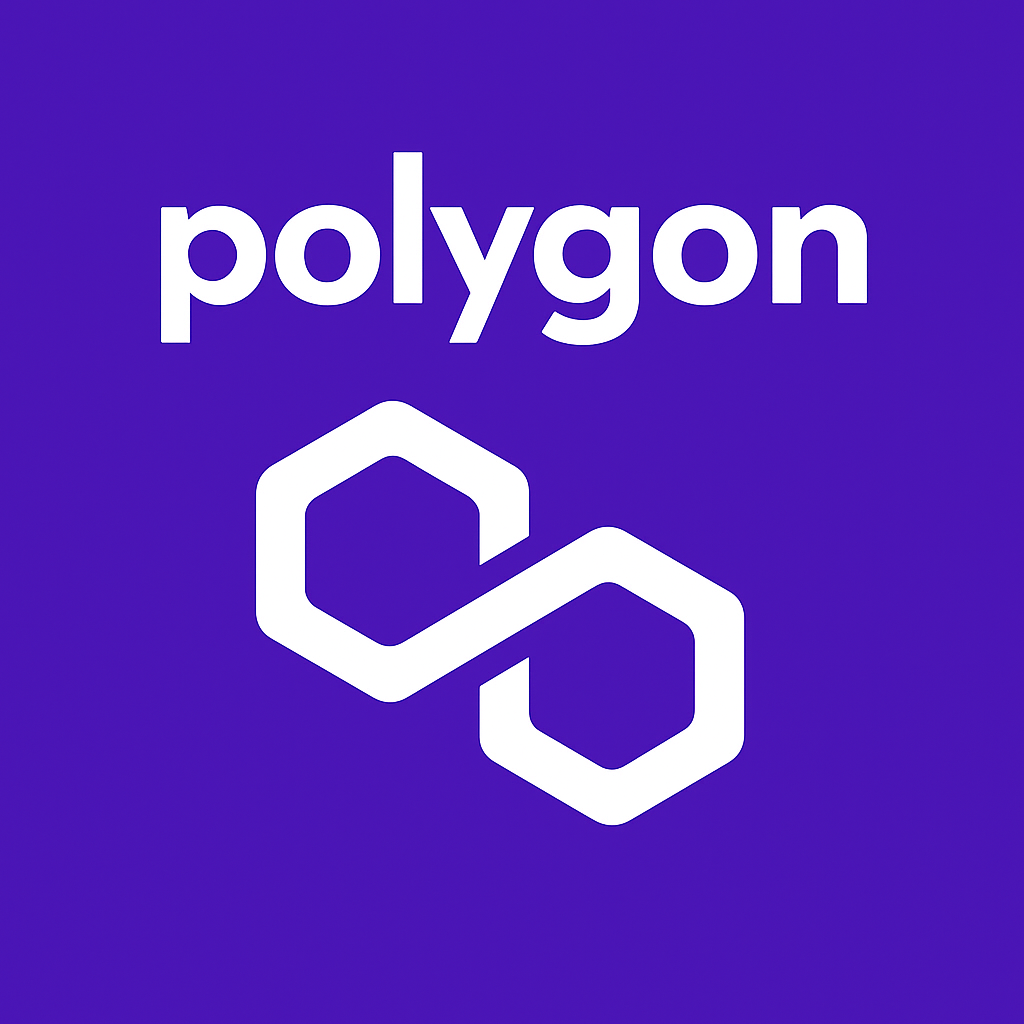Logo con parole 'polygon' e due esagoni collegati su sfondo viola.