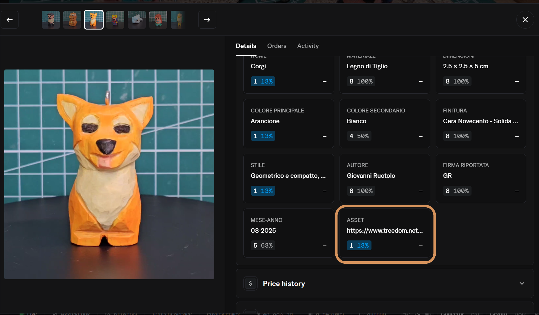 Una figura di carta a forma di cane con colore arancione e bianco, occhi e naso scuri, sfondo con piastrelle verdi e grigia sotto.