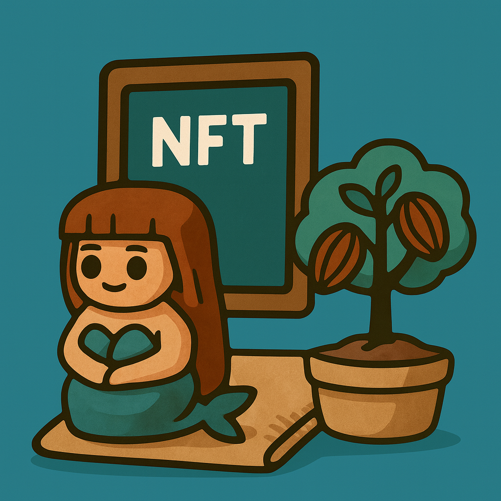Un'illustrazione di uno stile cartone animato con una sirena che si siede davanti a una lavagna con scritto 'NFT', con un albero in un vaso di fronte e uno sfondo azzurro.