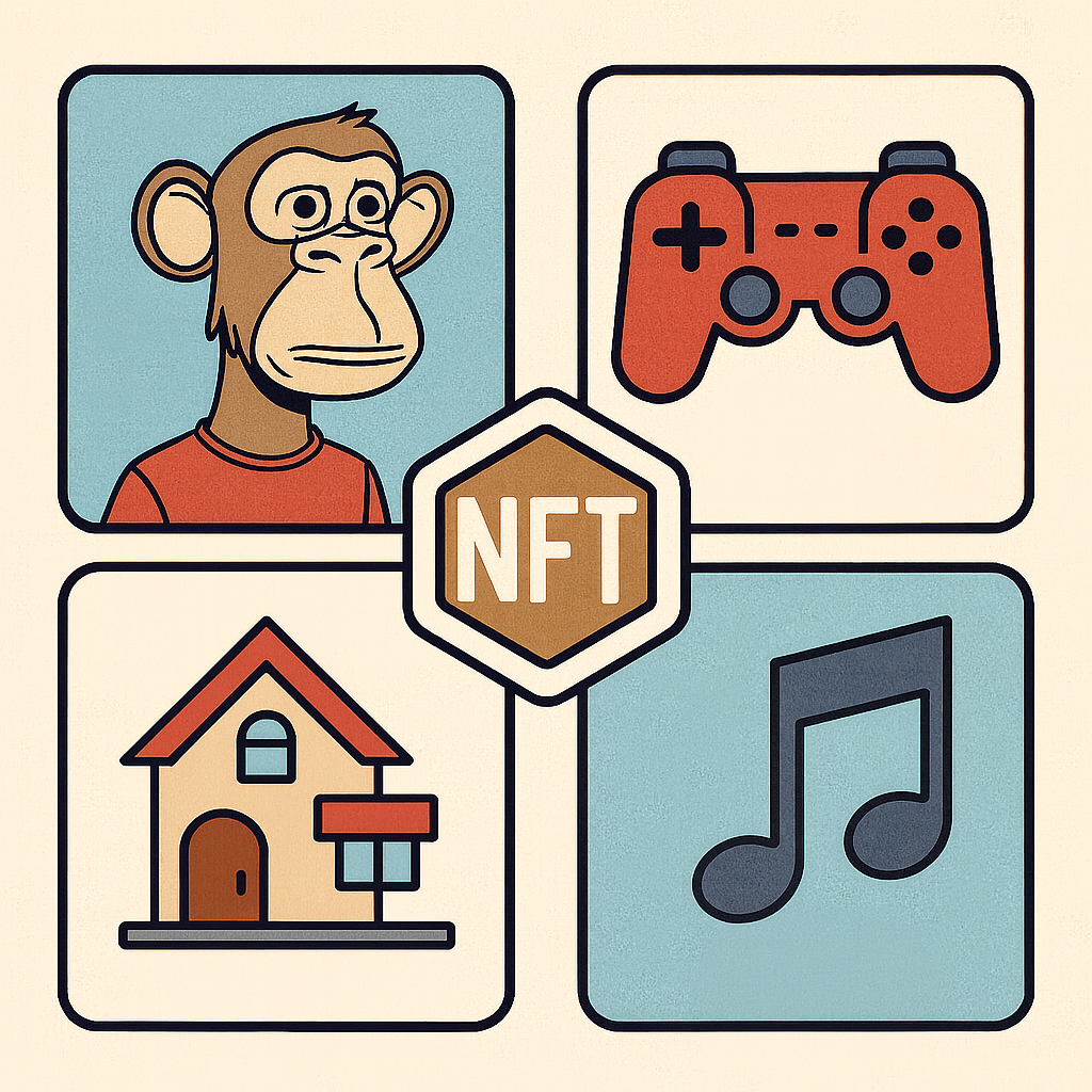 Immagine con quattro quadranti che rappresentano un'epeta di una scimmia, un controller di videogiochi, una casa e una nota musicale, con un'icona centrale con le lettere "NFT".