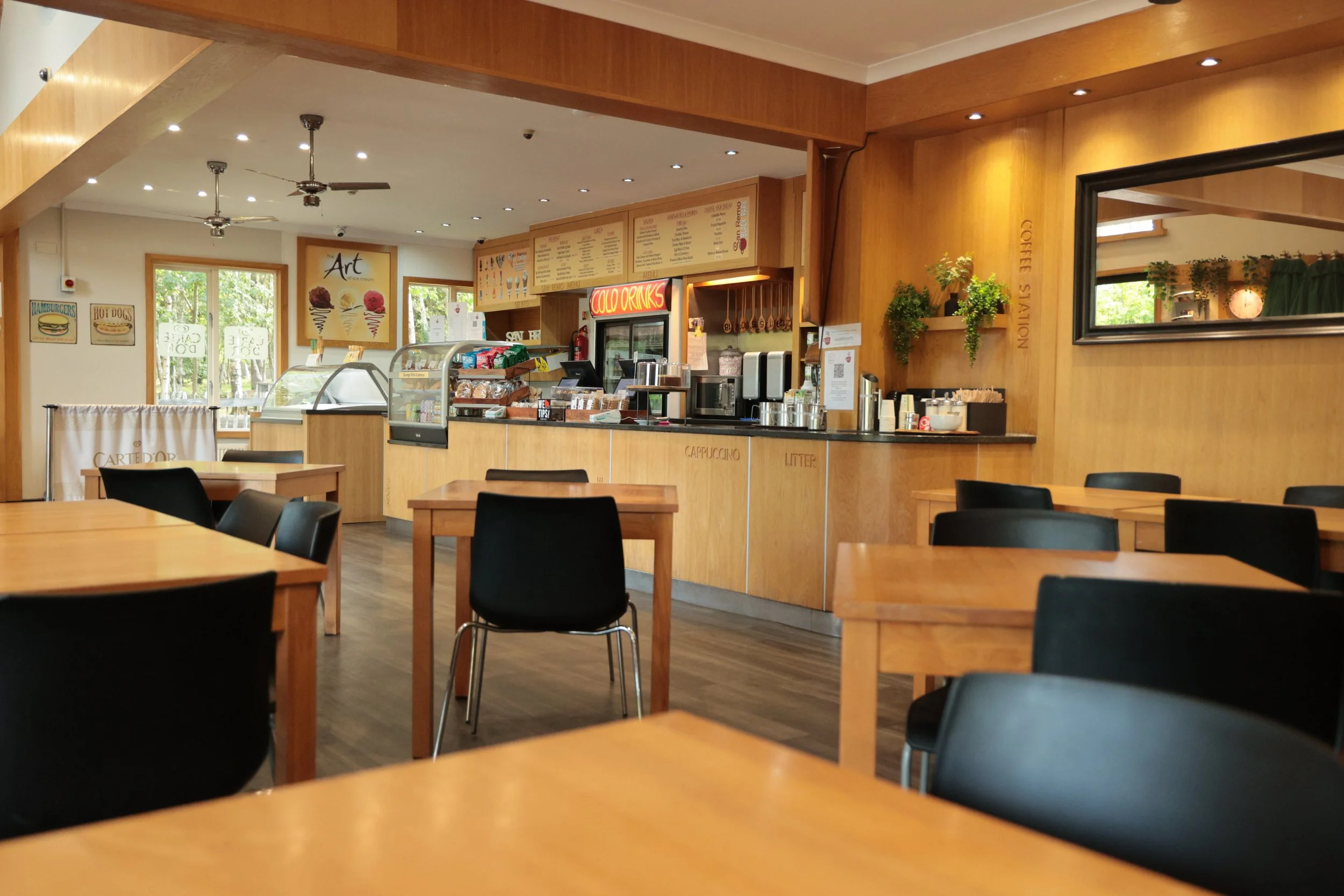 Interior of  shop with wooden tables and black chairs, a counter with food display cases, and a warm ambiance with natural light coming through the windows.