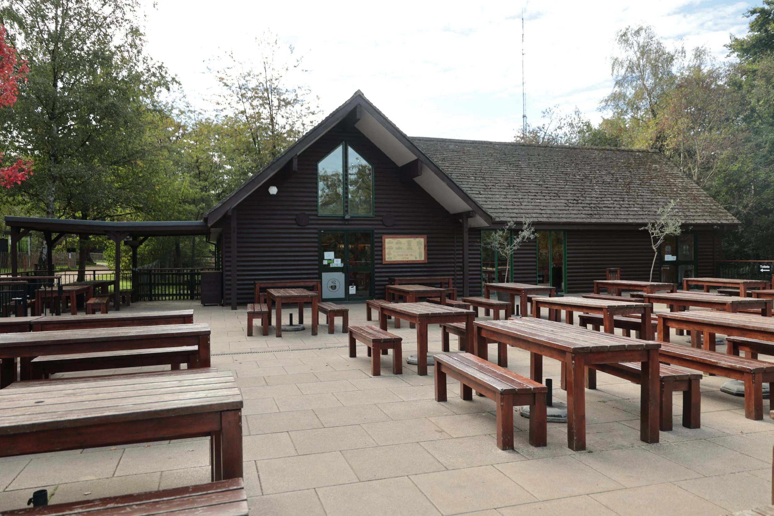 Empty outdoor dining area with wooden benches and tables in front of a dark log cabin-style building surrounded by trees.