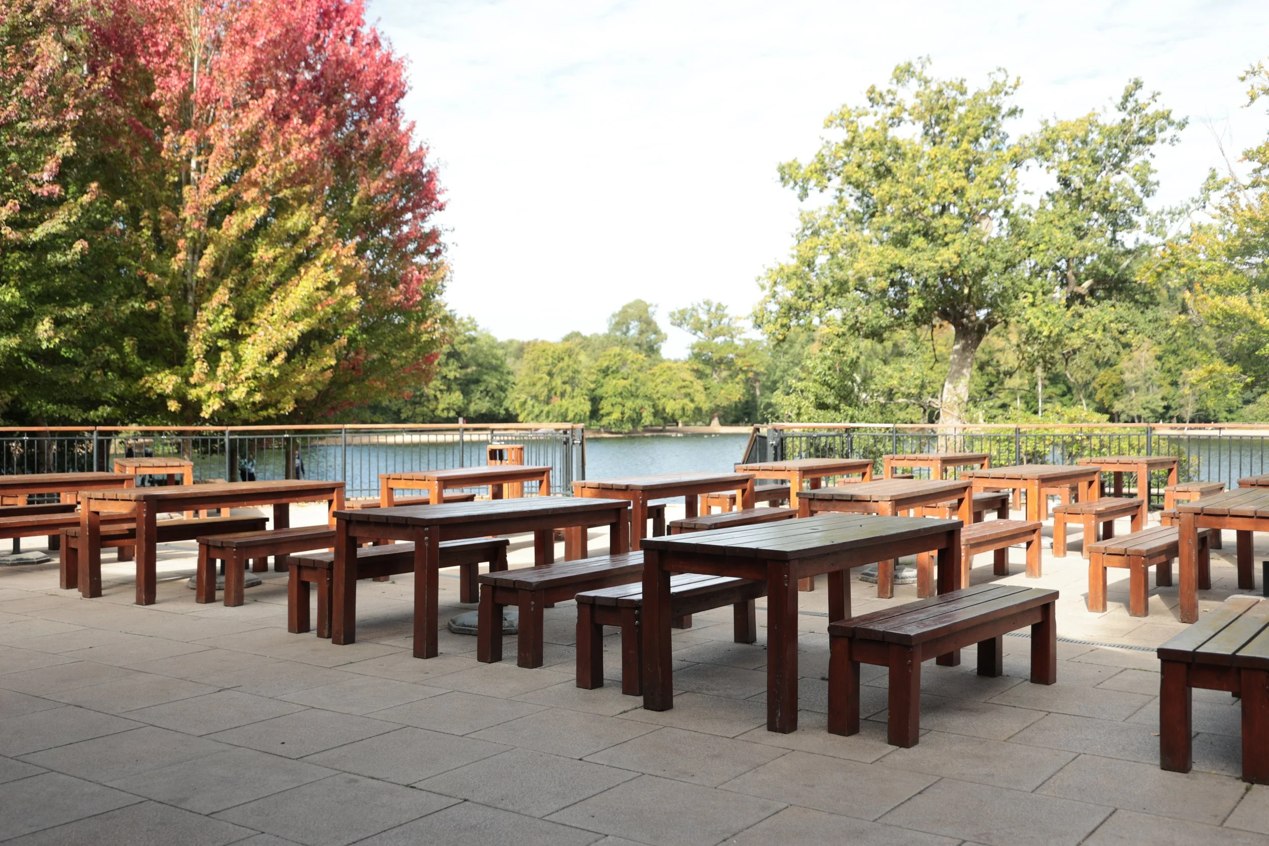 Outdoor wooden benches and tables on a paved patio overlooking a lake surrounded by trees.