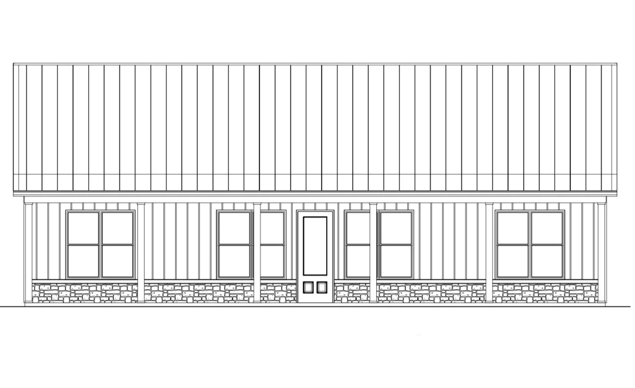 Architect's drawing of a brndominium house with a gable roof, four windows, and a front door, featuring a stone foundation and vertical siding.