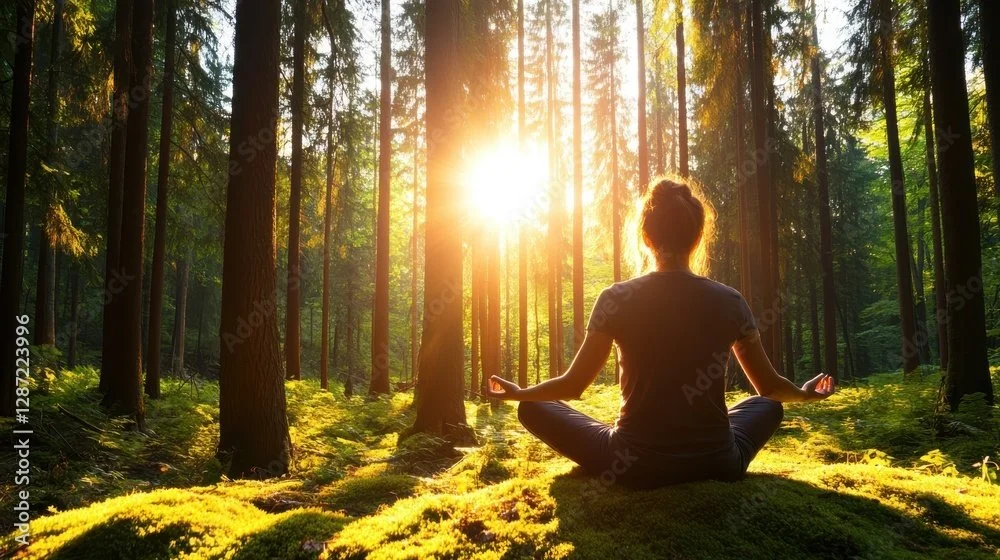 Une personne en position de méditation dans une forêt avec le soleil couchant en arrière-plan.