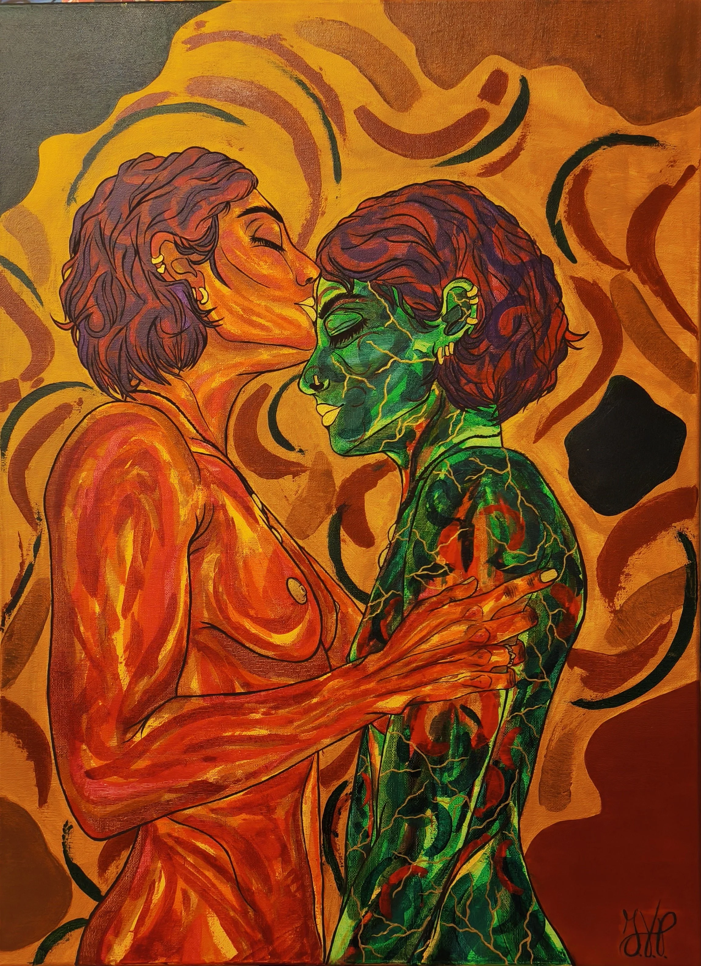 A vibrant painting of two women embracing. One with warm orange tones and the other with green and red tattoo-like patterns, both with closed eyes, set against a background of swirling warm colors.