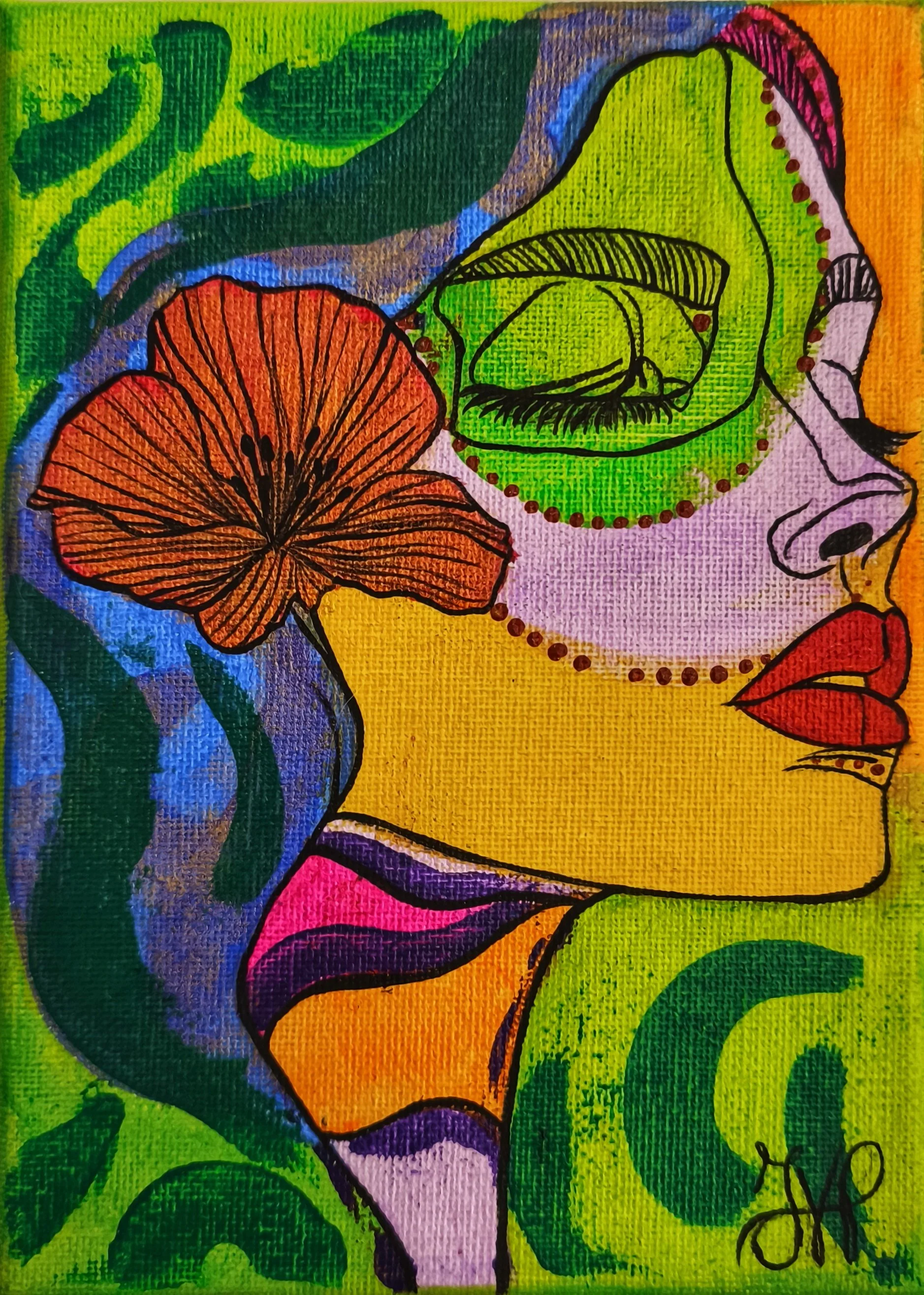 A colorful abstract painting of a woman's face in profile with closed eyes, red lips, and green hair, adorned with a large orange flower in her hair and surrounded by vibrant green, blue, purple, and yellow patterns.