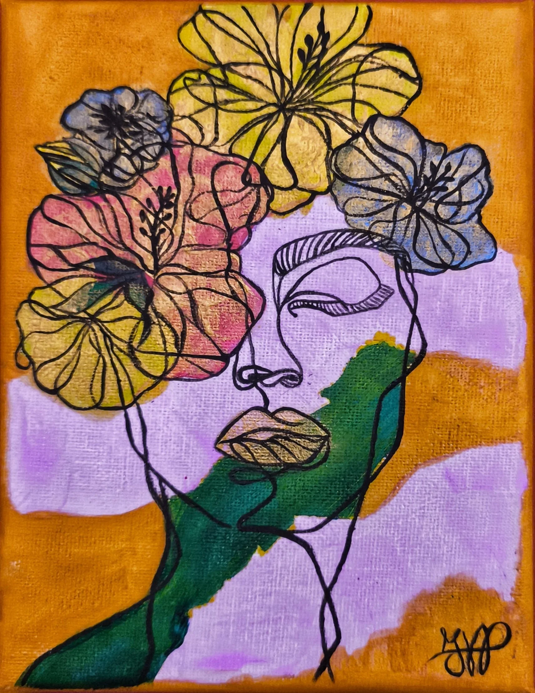 Abstract art of a woman's face with her eyes closed, entwined with colorful flowers and leaves, against an orange background with pink and green accents.